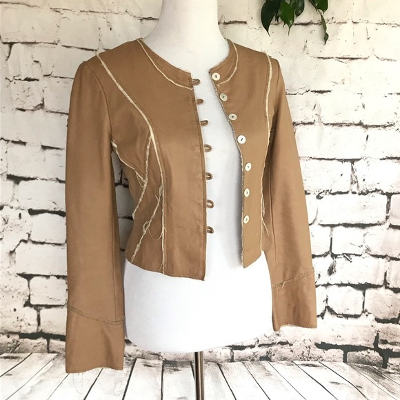 Tan Frayed Seams Patchwork Vegan Leather Fitted Jacket Coat size small - Picture 4 of 11